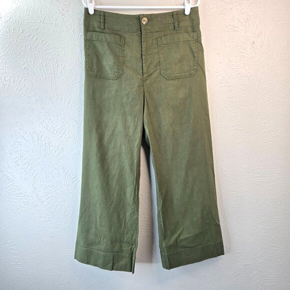 Maeve Wide Leg Crop Pants Linen High Waisted Green Minimalist Trousers Size 31 - Picture 1 of 11